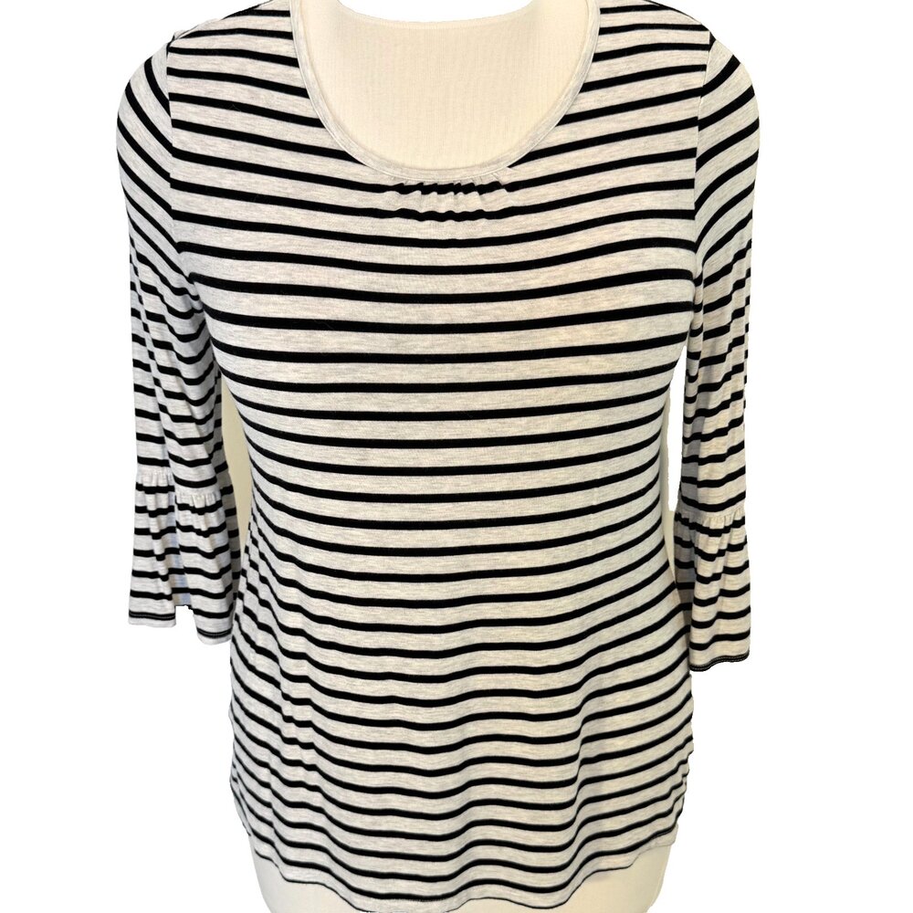 Croft & Barrow Tunic Top Womens L White Heather Black Striped Scoop Neck Flared